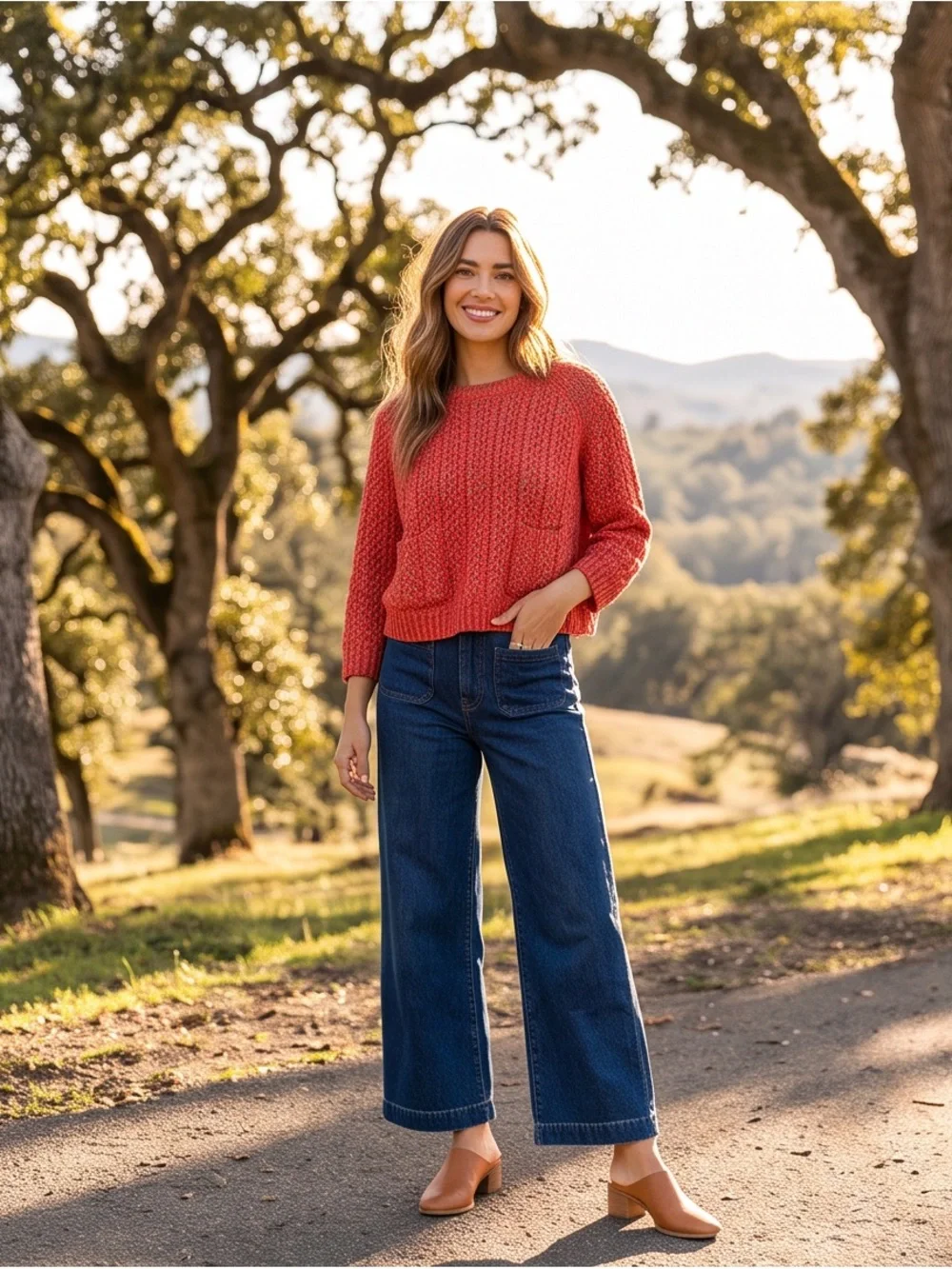 Moth Coral Textured Crewneck Sweater with Patch Pockets